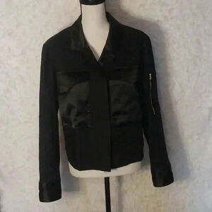 CABI Black Cropped Boxy Moto Jacket Size: M